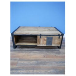 Industrial Solid Mango Wood And Black Metal 2 Tier 1 Sliding Door Large Coffee Table 120cm