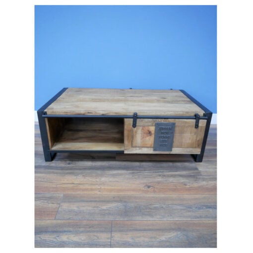Industrial Solid Mango Wood And Black Metal 2 Tier 1 Sliding Door Large Coffee Table 120cm