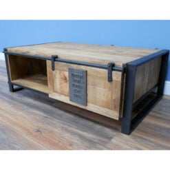 Industrial Solid Mango Wood And Black Metal 2 Tier 1 Sliding Door Large Coffee Table 120cm