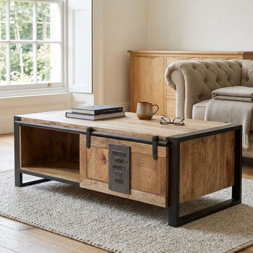 Industrial Solid Mango Wood And Black Metal 2 Tier 1 Sliding Door Large Coffee Table 120cm