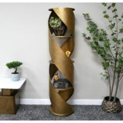 Industrial Unique Swirl Twist Design Antique Gold Metal 4 Tier Shelving Display Unit Bookcase 143cm