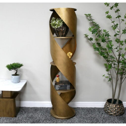 Industrial Unique Swirl Twist Design Antique Gold Metal 4 Tier Shelving Display Unit Bookcase 143cm