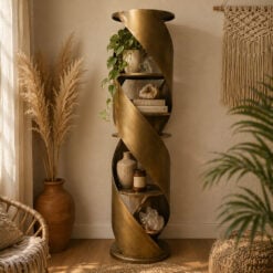 Industrial Unique Swirl Twist Design Antique Gold Metal 4 Tier Shelving Display Unit Bookcase 143cm
