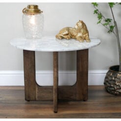 Rustic Boho Solid Dark Sustainable Rubber Wood And White Marble Round Coffee Table 60cm
