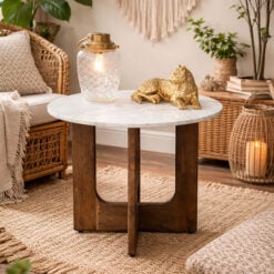 Rustic Boho Solid Dark Sustainable Rubber Wood And White Marble Round Coffee Table 60cm