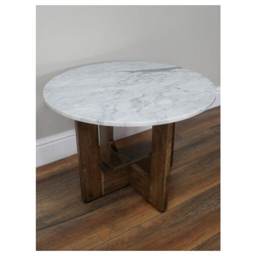 Rustic Boho Solid Dark Sustainable Rubber Wood And White Marble Round Coffee Table 60cm