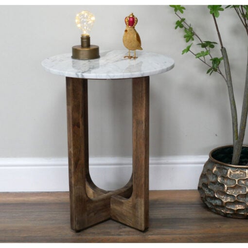 Rustic Boho Solid Dark Sustainable Rubber Wood And White Marble Round Side Table