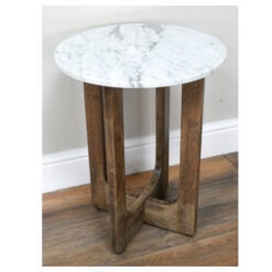 Rustic Boho Solid Dark Sustainable Rubber Wood And White Marble Round Side Table