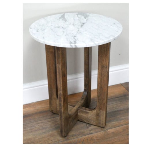 Rustic Boho Solid Dark Sustainable Rubber Wood And White Marble Round Side Table