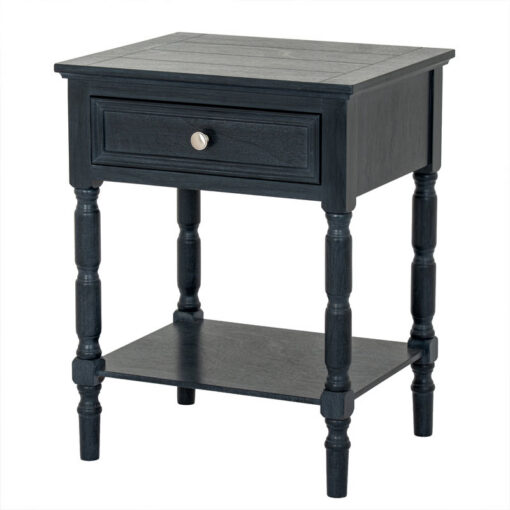 Rustic Country Farmhouse 1 Drawer 2 Tier Solid Black Wood Side Table Bedside Cabinet With Carved legs