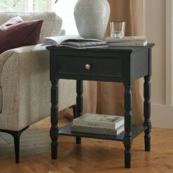 Rustic Country Farmhouse 1 Drawer 2 Tier Solid Black Wood Side Table Bedside Cabinet With Carved legs