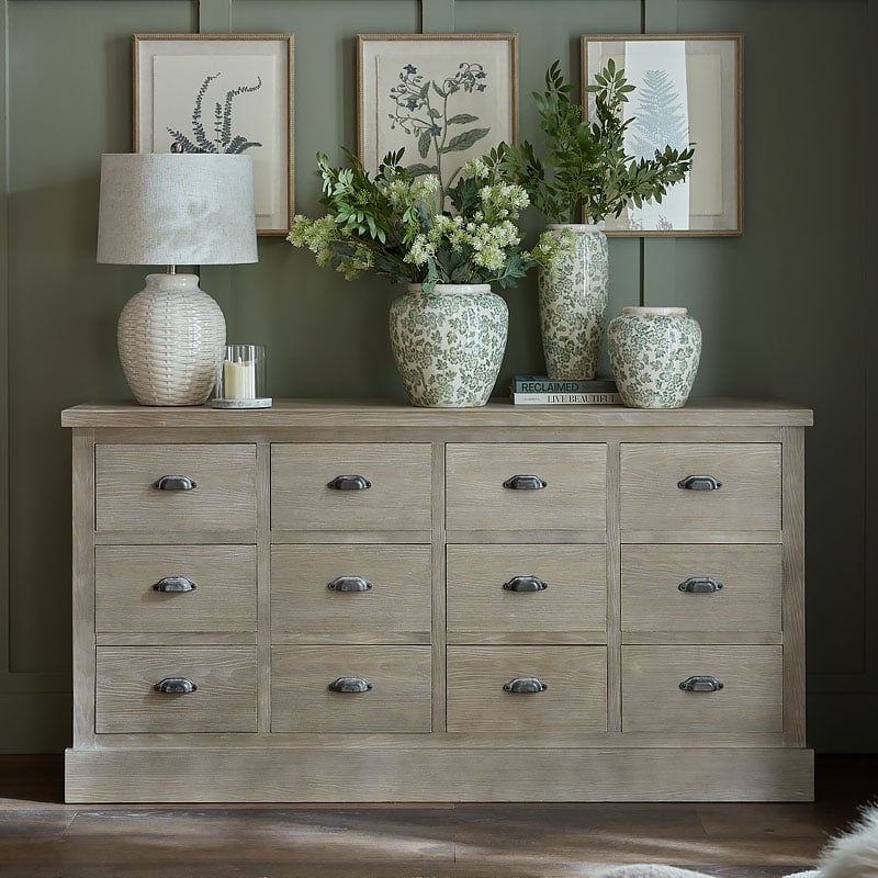 Rustic Country Farmhouse 12 Drawer Solid Light Wood Large Apothecary Chest Of Drawer Sideboard 170cm Rustic Country Farmhouse 12 Drawer Solid Light Wood Large Apothecary Chest Of Drawer Sideboard 170cm