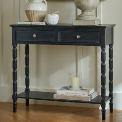 Rustic Country Farmhouse 2 Drawer 2 Tier Solid Black Wood Slim Console Table With Carved Legs 90cm