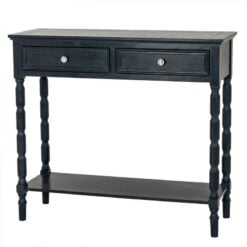 Rustic Country Farmhouse 2 Drawer 2 Tier Solid Black Wood Slim Console Table With Carved Legs 90cm