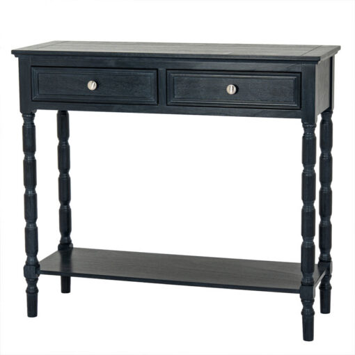Rustic Country Farmhouse 2 Drawer 2 Tier Solid Black Wood Slim Console Table With Carved Legs 90cm