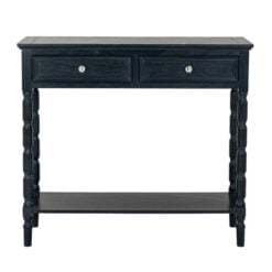 Rustic Country Farmhouse 2 Drawer 2 Tier Solid Black Wood Slim Console Table With Carved Legs 90cm