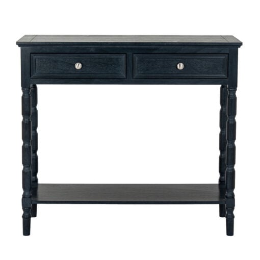 Rustic Country Farmhouse 2 Drawer 2 Tier Solid Black Wood Slim Console Table With Carved Legs 90cm