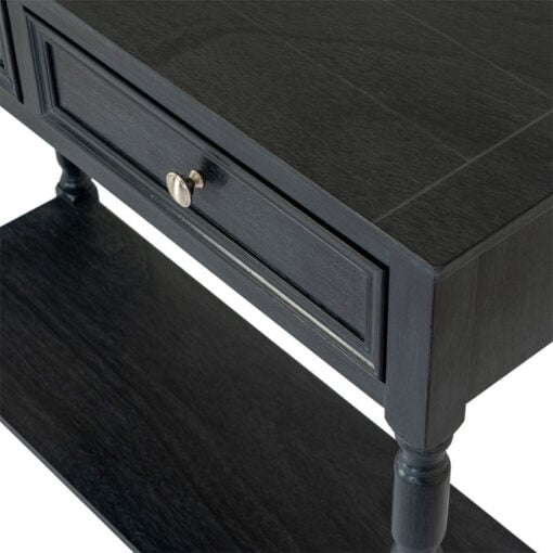 Rustic Country Farmhouse 2 Drawer 2 Tier Solid Black Wood Slim Console Table With Carved Legs 90cm