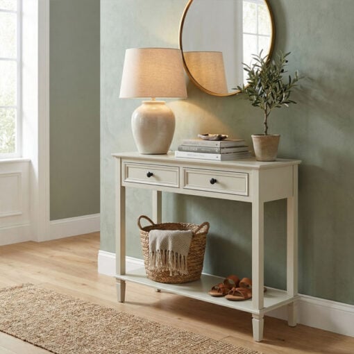 Rustic Country Farmhouse 2 Drawer 2 Tier Solid White Wood Slim Console Table 90cm