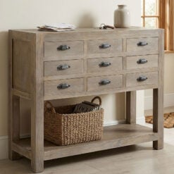 Rustic Country Farmhouse 2 Tier 9 Drawer Large Solid Light Wood Apothecary Console Table 110cm