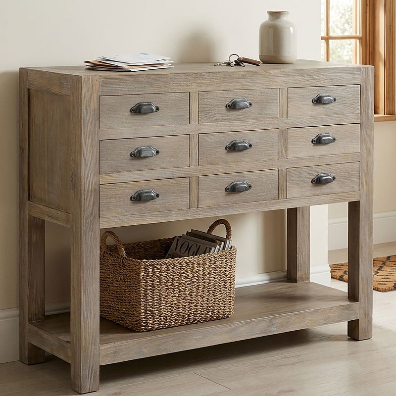Rustic Country Farmhouse 2 Tier 9 Drawer Large Solid Light Wood Apothecary Console Table 110cm Rustic Country Farmhouse 2 Tier 9 Drawer Large Solid Light Wood Apothecary Console Table 110cm