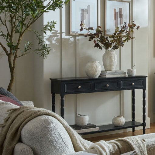 Rustic Country Farmhouse 3 Drawer 2 Tier Solid Black Wood Slim Console Table With Carved Legs 120cm Rustic Country Farmhouse 3 Drawer 2 Tier Solid Black Wood Slim Console Table With Carved Legs 120cm