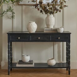 Rustic Country Farmhouse 3 Drawer 2 Tier Solid Black Wood Slim Console Table With Carved Legs 120cm