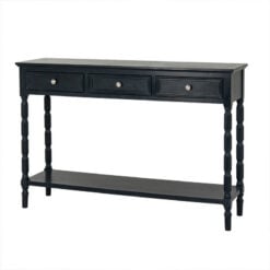 Rustic Country Farmhouse 3 Drawer 2 Tier Solid Black Wood Slim Console Table With Carved Legs 120cm
