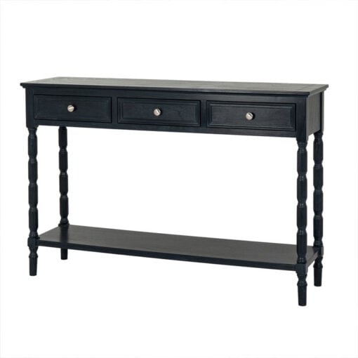 Rustic Country Farmhouse 3 Drawer 2 Tier Solid Black Wood Slim Console Table With Carved Legs 120cm Rustic Country Farmhouse 3 Drawer 2 Tier Solid Black Wood Slim Console Table With Carved Legs 120cm