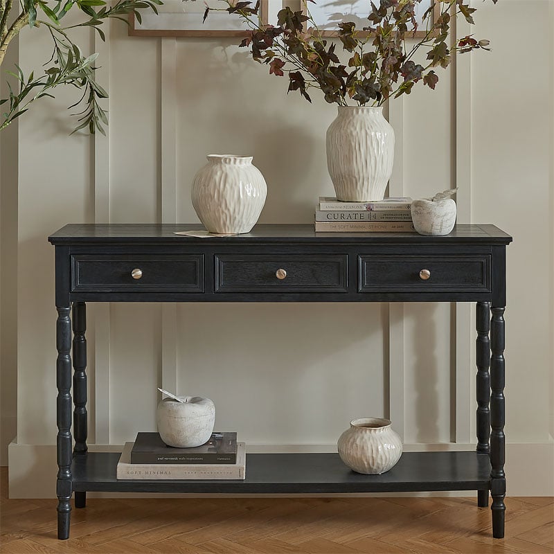 Rustic Country Farmhouse 3 Drawer 2 Tier Solid Black Wood Slim Console Table With Carved Legs 120cm Rustic Country Farmhouse 3 Drawer 2 Tier Solid Black Wood Slim Console Table With Carved Legs 120cm