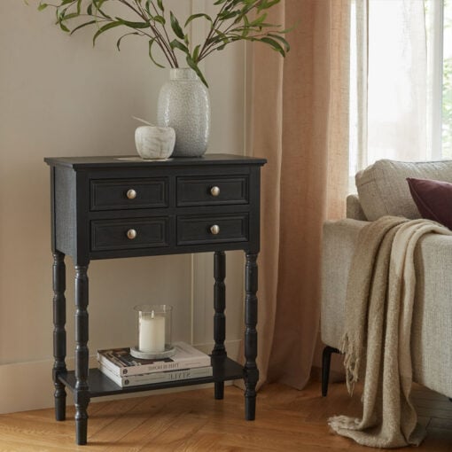 Rustic Country Farmhouse 4 Drawer 2 Tier Solid Black Wood Slim Compact Console Table With Carved Legs 60cm Rustic Country Farmhouse 4 Drawer 2 Tier Solid Black Wood Slim Compact Console Table With Carved Legs 60cm