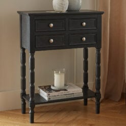Rustic Country Farmhouse 4 Drawer 2 Tier Solid Black Wood Slim Compact Console Table With Carved Legs 60cm