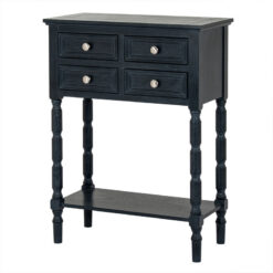 Rustic Country Farmhouse 4 Drawer 2 Tier Solid Black Wood Slim Compact Console Table With Carved Legs 60cm