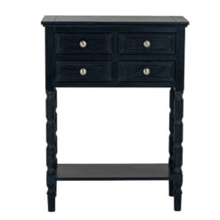 Rustic Country Farmhouse 4 Drawer 2 Tier Solid Black Wood Slim Compact Console Table With Carved Legs 60cm