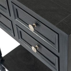 Rustic Country Farmhouse 4 Drawer 2 Tier Solid Black Wood Slim Compact Console Table With Carved Legs 60cm