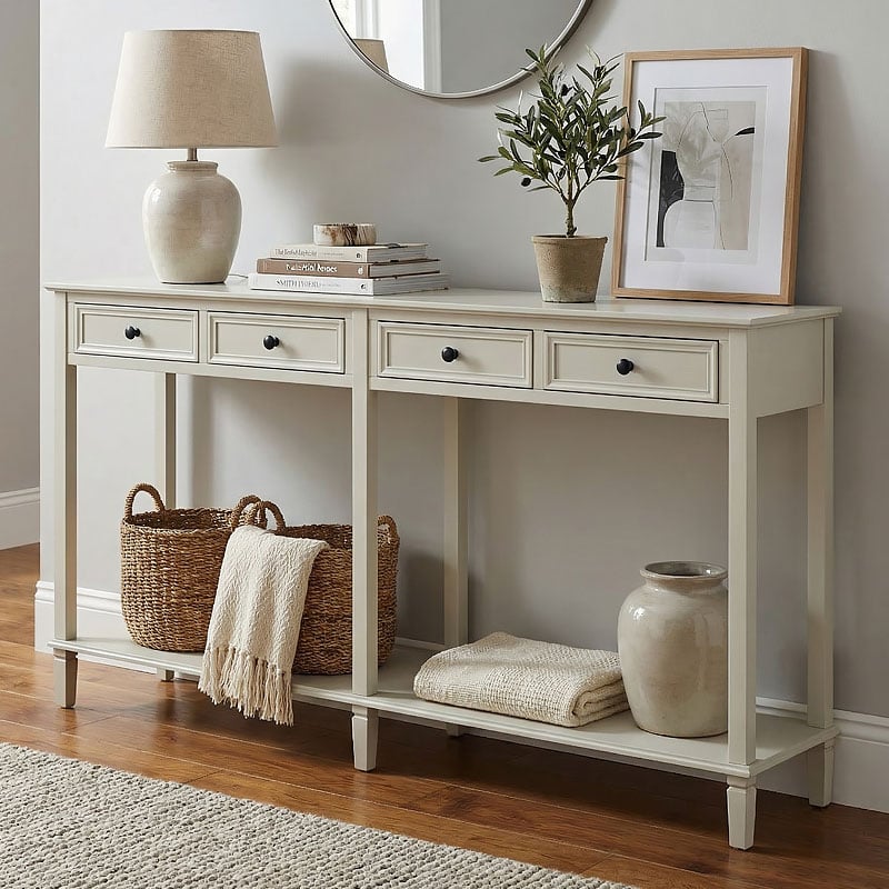 Rustic Country Farmhouse 4 Drawer 2 Tier Solid White Wood Large Console ...