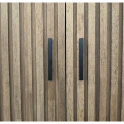 Rustic Industrial Solid Dark Sustainable Rubber Wood And Black Metal 2 Door Slatted Carved Small Sideboard Cabinet
