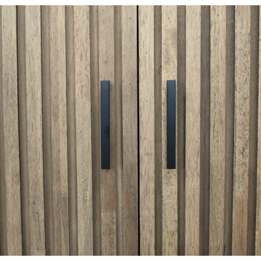 Rustic Industrial Solid Dark Sustainable Rubber Wood And Black Metal 2 Door Slatted Carved Small Sideboard Cabinet