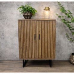 Rustic Industrial Solid Dark Sustainable Rubber Wood And Black Metal 2 Door Slatted Carved Small Sideboard Cabinet