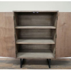 Rustic Industrial Solid Dark Sustainable Rubber Wood And Black Metal 2 Door Slatted Carved Small Sideboard Cabinet
