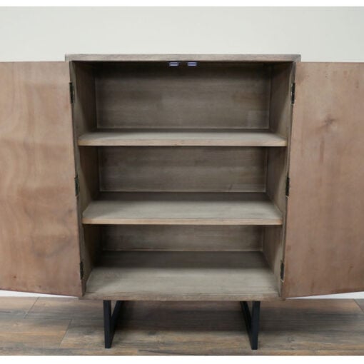 Rustic Industrial Solid Dark Sustainable Rubber Wood And Black Metal 2 Door Slatted Carved Small Sideboard Cabinet