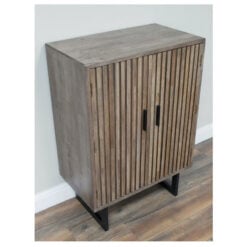 Rustic Industrial Solid Dark Sustainable Rubber Wood And Black Metal 2 Door Slatted Carved Small Sideboard Cabinet