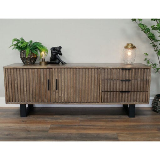 Rustic Industrial Solid Dark Sustainable Rubber Wood And Black Metal 3 Drawer 2 Door Large TV Stand Low Sideboard 150cm