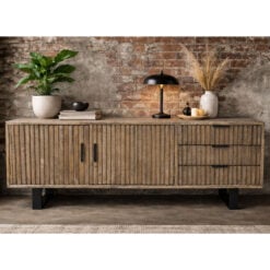 Rustic Industrial Solid Dark Sustainable Rubber Wood And Black Metal 3 Drawer 2 Door Large TV Stand Low Sideboard 150cm