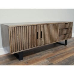 Rustic Industrial Solid Dark Sustainable Rubber Wood And Black Metal 3 Drawer 2 Door Large TV Stand Low Sideboard 150cm
