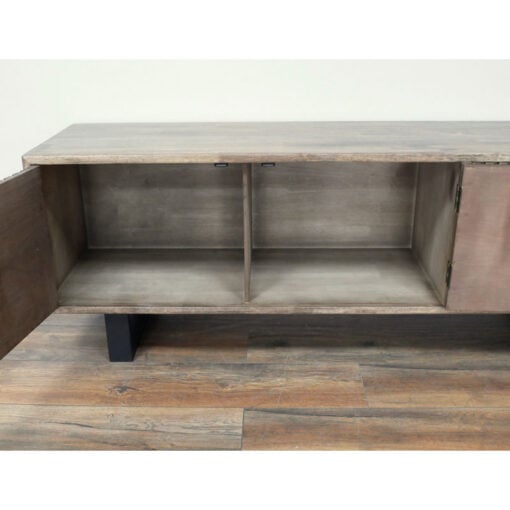 Rustic Industrial Solid Dark Sustainable Rubber Wood And Black Metal 3 Drawer 2 Door Large TV Stand Low Sideboard 150cm
