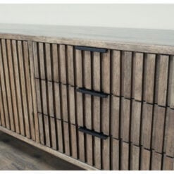 Rustic Industrial Solid Dark Sustainable Rubber Wood And Black Metal 3 Drawer 2 Door Large TV Stand Low Sideboard 150cm