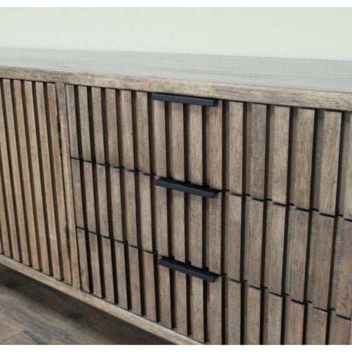 Rustic Industrial Solid Dark Sustainable Rubber Wood And Black Metal 3 Drawer 2 Door Large TV Stand Low Sideboard 150cm