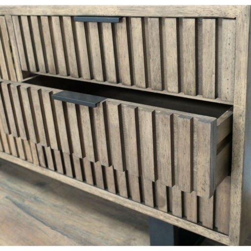 Rustic Industrial Solid Dark Sustainable Rubber Wood And Black Metal 3 Drawer 2 Door Large TV Stand Low Sideboard 150cm