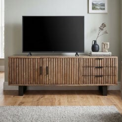 Rustic Industrial Solid Dark Sustainable Rubber Wood And Black Metal 3 Drawer 2 Door Large TV Stand Low Sideboard 150cm